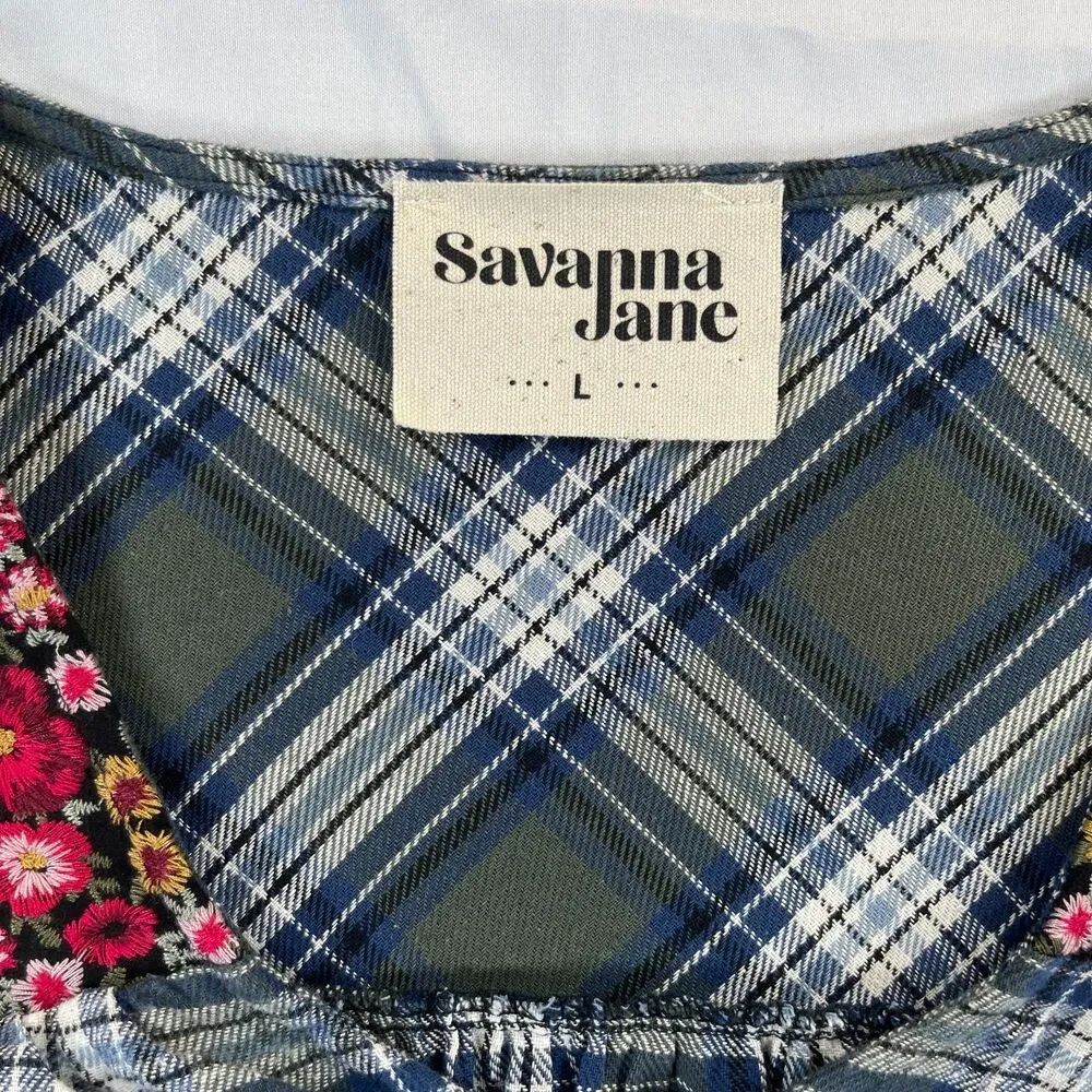 Savanna Jane Plaid Floral Embroidered Peasant Blouse L Green Cottagecore Boho